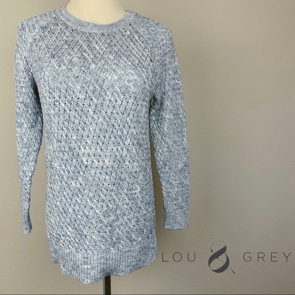 Lou & Grey LOFT Blue Marled Basketweave Knit Sweater Women Small Cotton Blend